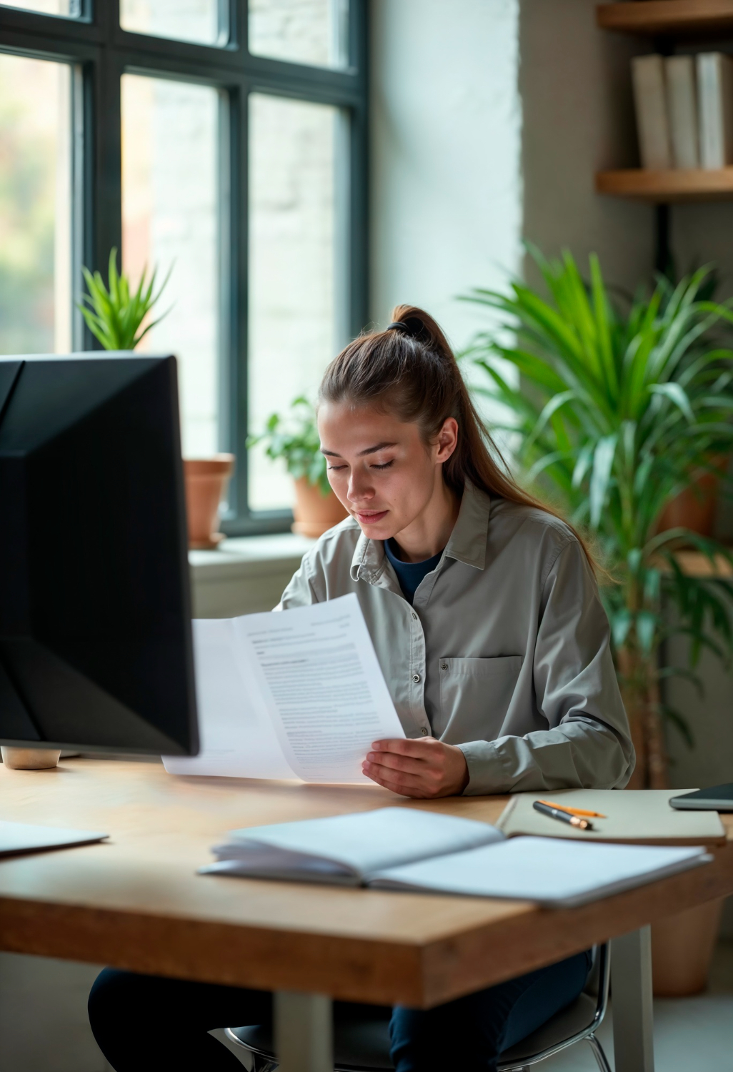 Tradutora juramentada profissional trabalhando em escritório moderno